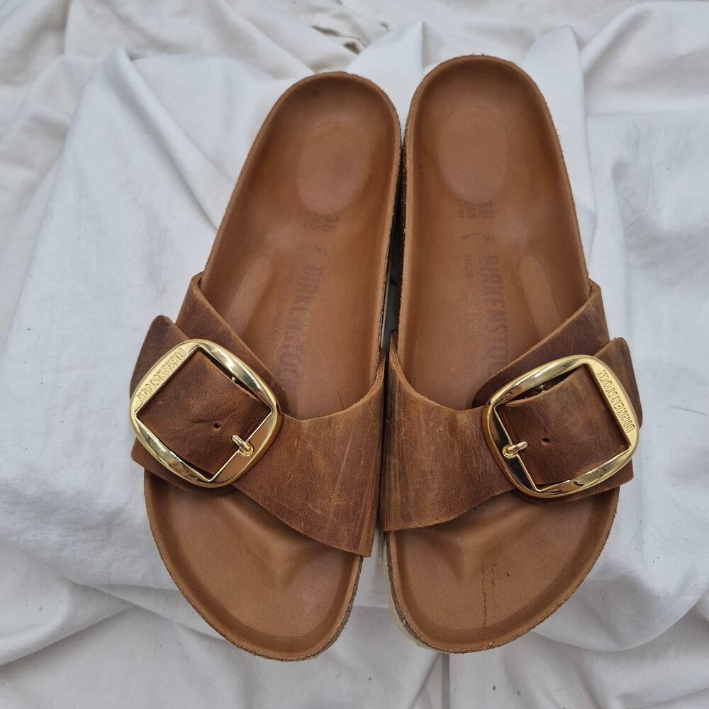 Birkenstock Brown Leather Slide Sandals with Gold Buckles - Picture 2 of 7